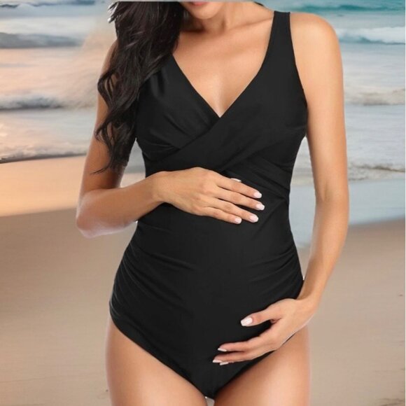 Summersunshine Maternity Swimsuit Women M Black 1 Piece Twist Front Ruched UPF50 - Picture 1 of 8
